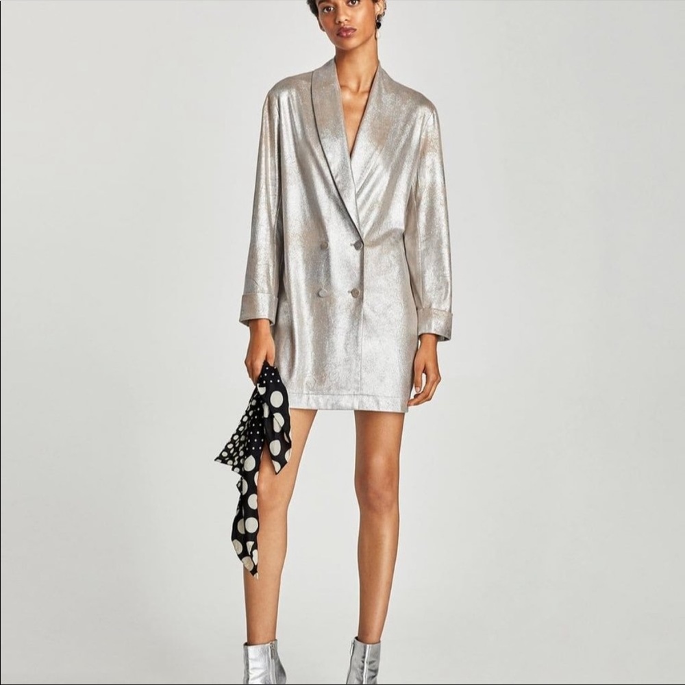 Zara Metallic Silver Foil Blazer Dress L